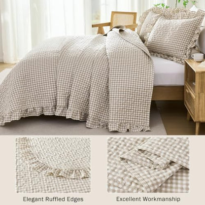 WINLIFE Tan Brown Gingham Twin Quilt Set with Ruffles - 68x90 Inches