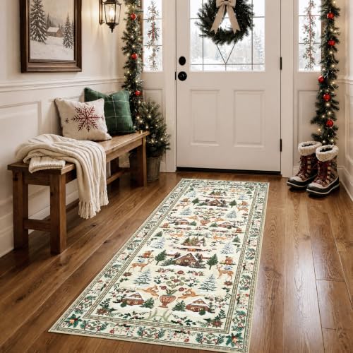 Jinchan Christmas Runner Rug 2x5 Entryway Kitchen Washable Beige Cabin Tales Variation