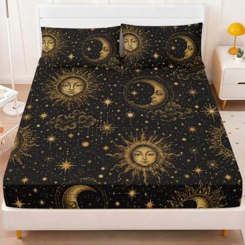 Galaxy Fitted Sheet Set King Space Bedding with Sun Moon Stars - Gold Sun Moon / King