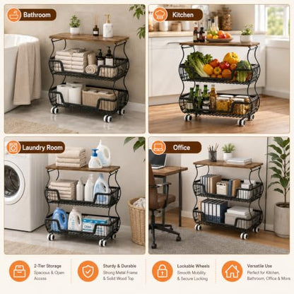 Black 16.93x11.02x20.87 Inch 3-Tier Fruit & Vegetable Storage Cart
