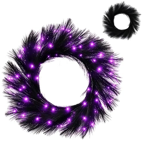 26-Inch Halloween Wreath with Lights, Black Pampas Decor, Boho Front Door Decoration