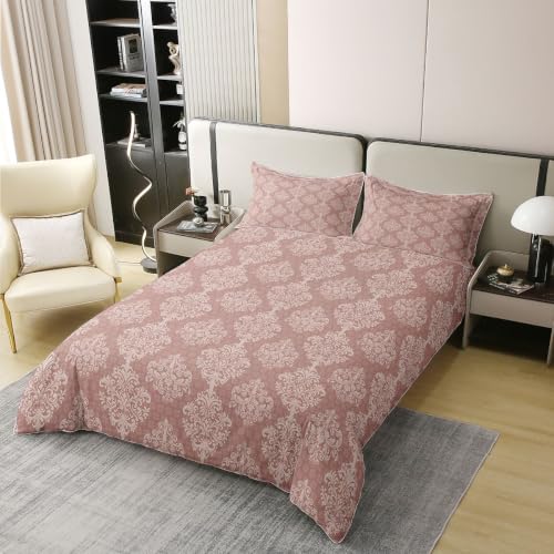 Vintage Damask Floral King Cotton Duvet Cover Set - Antique Pink Bedding