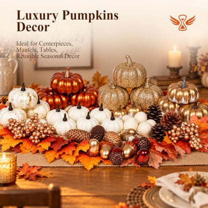 Fall Pumpkin Decor Set with Gold, Silver, White Artificial Pumpkins & Autumn Accessories - 52 Pieces