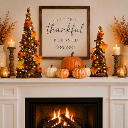 Orange Lighted Thanksgiving Table Tree Decor with Pumpkin and LED Lights
