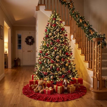 Red Small Ruffled Christmas Tree Skirt 36 Inch for 3-5 Ft Trees - Velvet & Sequin