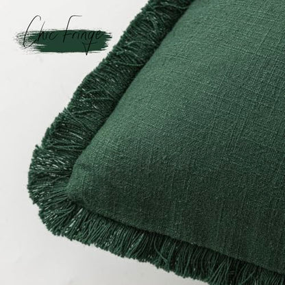 Foindtower Set of 2 Decorative Linen Fringe Throw Pillow Covers Cozy Farmhouse Cushion Cover with Tassels Accent Pillowcase for Couch Chair Sofa Bed Living Room Home Decor,18×18 Inch,Dark Olive Green