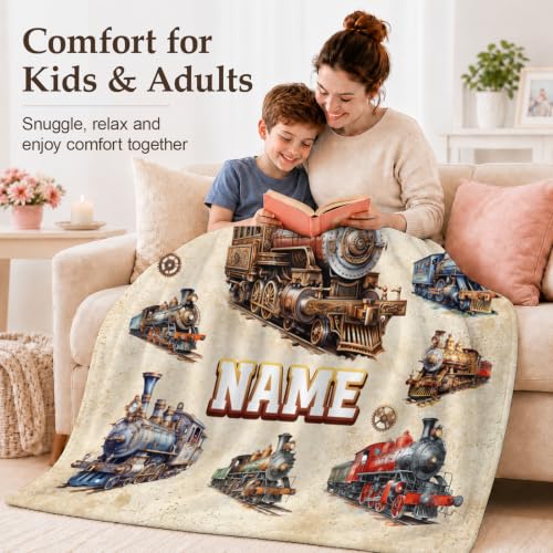 Personalized Boys Train Blanket - Brown Flannel Kids Throw