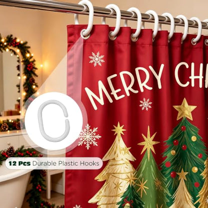 Burgundy Red Christmas Shower Curtain Set with 12 Hooks 72x72 Inches
