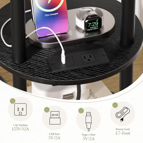 Atoping Black Round Side Table with Charging Station, Easy Assembly
