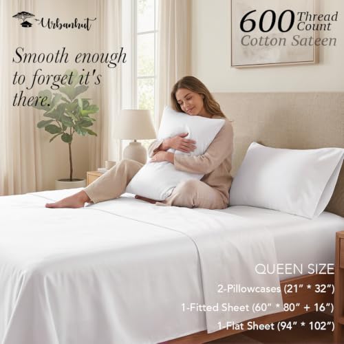 Queen Size Cotton Bed Sheets Set - 600 Thread Count, White, Deep Pocket