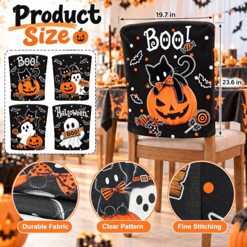 Halloween Chair Back Covers 4-Pack Black Cat Ghost Pumpkin Decor