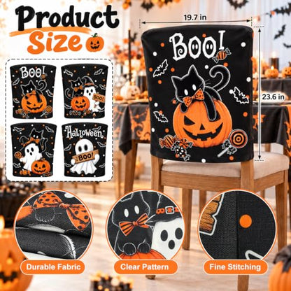 Halloween Chair Back Covers 4-Pack Black Cat Ghost Pumpkin Decor