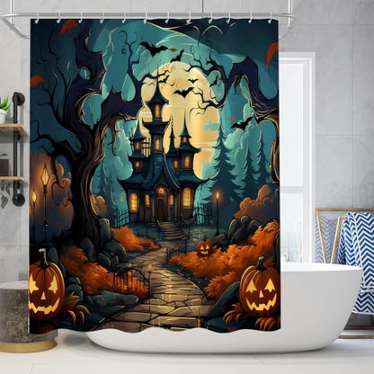 Halloween Haunted House Shower Curtain Set with Rugs - Black