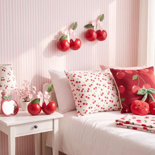 Large Cherry Party Decorations Set - Pink Satin Bows, Fake Red Cherries, Wedding & Event Decor