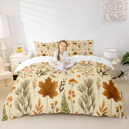 Manfei Fall Maple Leaf Kids Duvet Cover Set Queen Size Vintage Beige with Pillowcases