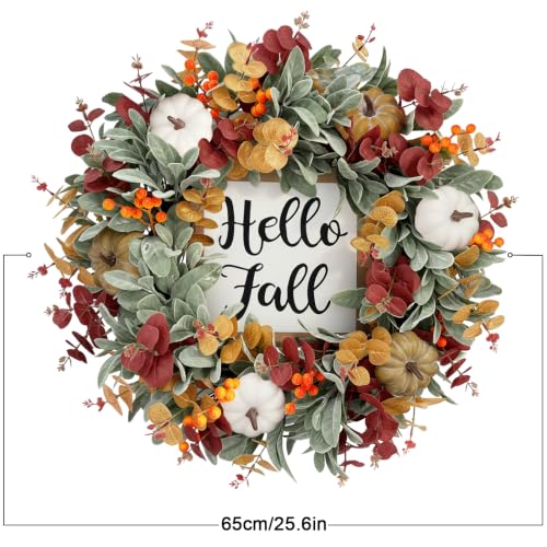 26 Inch Fall Wreath for Front Door with Hello Fall Sign - Rustic Autumn Decor