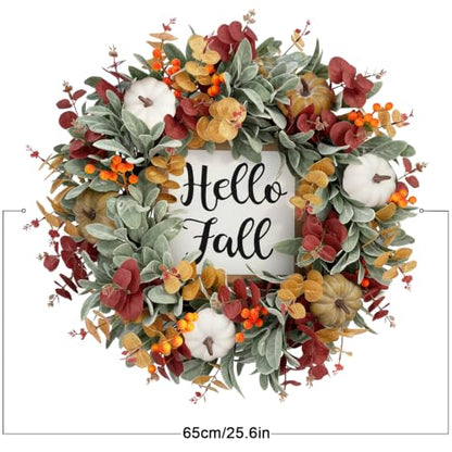 26 Inch Fall Wreath for Front Door with Hello Fall Sign - Rustic Autumn Decor