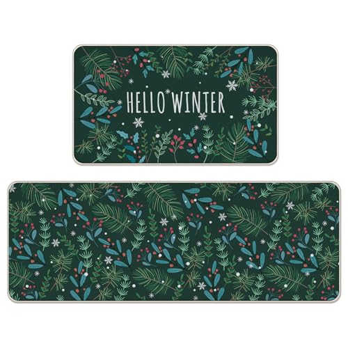 Hello Winter Green Kitchen Rugs Set of 2 - Botanical Pine Needle, Non-Slip Decor