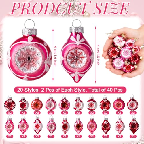 Vintage Christmas Glass Ornaments Set - Retro Pink & White Reflector Balls, 40 Pcs