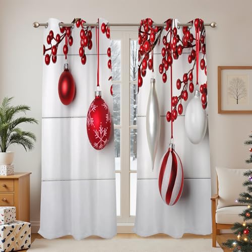 Red Berry Christmas Ornament Blackout Curtains 2 Panels 84"L x 42"W - Red & White Variation