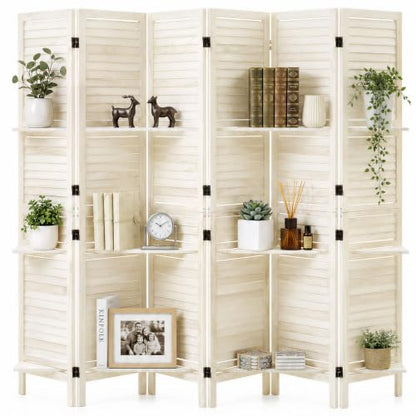 Wood Room Divider 6 Panels Folding Privacy Screen with Shelves - VEVOR, White Variation