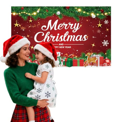 Large Christmas Backdrop Banner for Holiday Party Decoration - Red, Green and White Fabric, 5.91x6.3ft