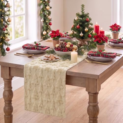 Beige Christmas Tree Table Runner 13x72 Inch Faux Fur Jacquard Holiday Decor