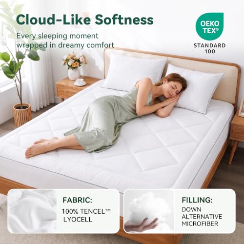 Luxury Queen Mattress Pad 8-21 Inch Deep Pocket Tencel Lyocell Bedding - White