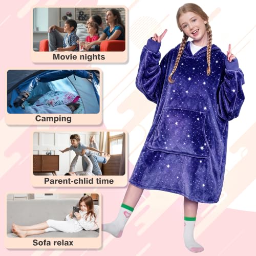 Kids Oversized Hoodie Blanket - Galaxy Dark Fleece Wearable Blanket for Kids