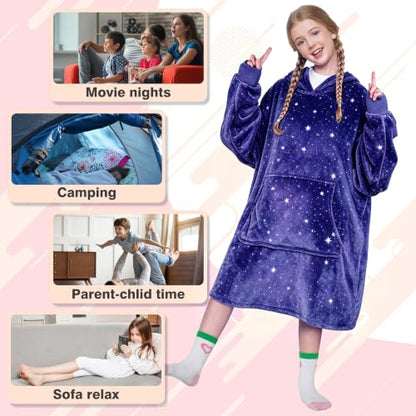 Kids Oversized Hoodie Blanket - Galaxy Dark Fleece Wearable Blanket for Kids