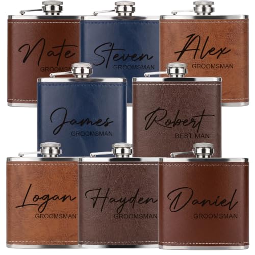 8 Pcs Personalized Groomsmen Gift Set with Engraved 6 Oz Flasks - Wedding Proposal & Party Favors