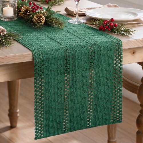 Dark Green Woven Farmhouse Table Runner 12x72 Inch - Durable Home Decor