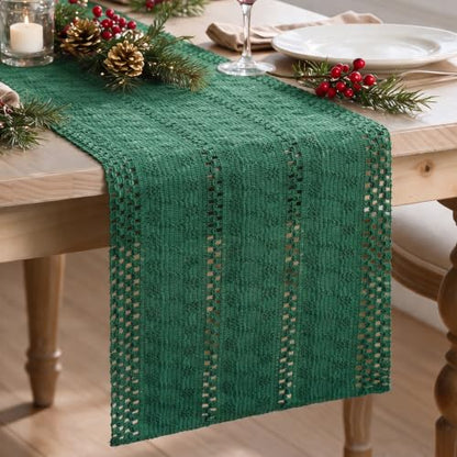 Dark Green Woven Farmhouse Table Runner 12x72 Inch - Durable Home Decor