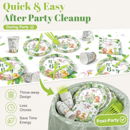 Dinosaur Baby Shower Tableware Set - 16 Serves, Watercolor Dinosaur Theme
