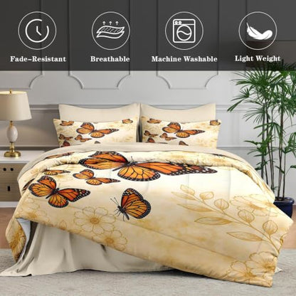WeCozy Vintage Butterfly Queen Comforter Set - Botanical Bedding, 7 Pieces