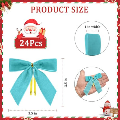 Blue Velvet Christmas Bows for Tree & Decorations - 24 pcs, 3.5x3.5 inch, Holiday Ornaments with Twist Ties - Blue
