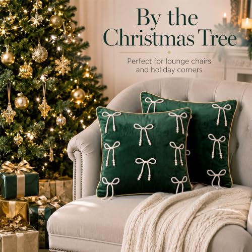 Dark Green Velvet Christmas Throw Pillow Covers with Pearl Bow Set - 18x18 Inches