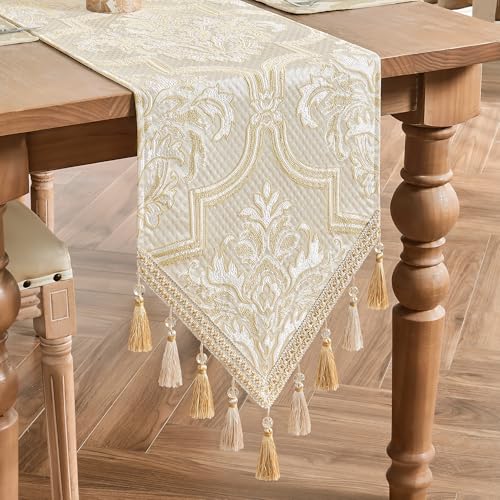 Damask Jacquard Table Runner Beige Gold 13x108 Inches Elegant Decor