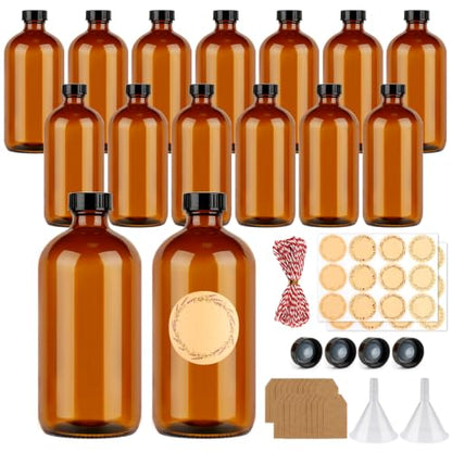 15 Pack 16oz Amber Glass Bottles with Caps for Storage & DIY Projects