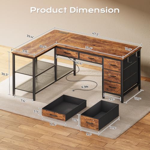 PRAISUN 47-Inch Rustic Brown L-Shaped Desk with Power Outlets & Fabric Drawers