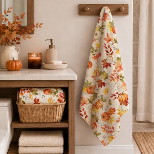 Autumn Hand Towels Set of 2 - Pumpkin and Maple Leaf Rustic Design, Orange Yellow