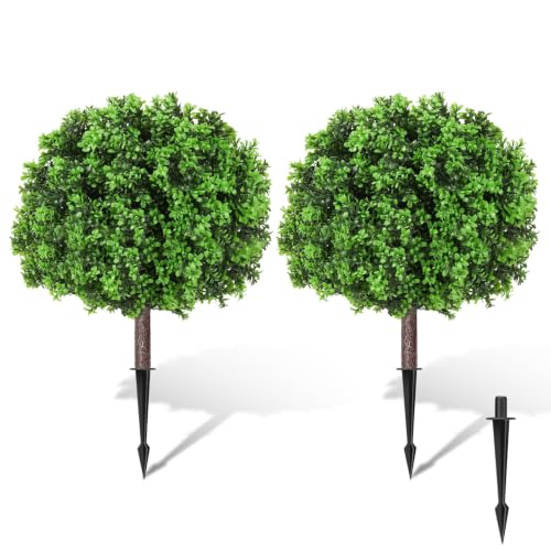 Artificial Boxwood Topiary Ball Trees 25 Inches Set of 2 - Faux Boxwood Plants