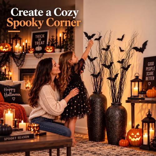 Halloween Dried Curly Willow Branches with 3D Bat Stickers & Vase Filler Set