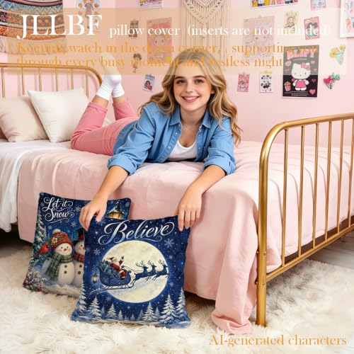 Christmas Navy Blue Pillow Cover 18x18 Double-Sided Santa & Snowmen Variant