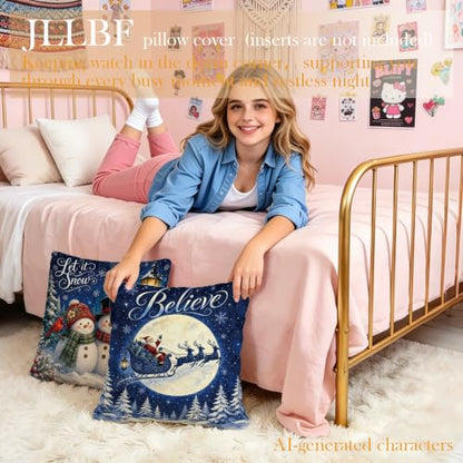 Christmas Navy Blue Pillow Cover 18x18 Double-Sided Santa & Snowmen Variant