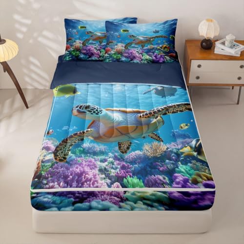Teal Blue Sea Turtle Zipper Bedding Set Queen Ocean Nautical Bed in a Bag