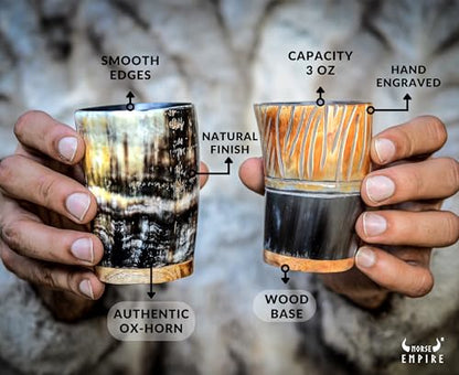 Viking Drinking Horn Shot Glasses Set of 6 with Engraving VEGVASIR VALKNUT WOLF MJOLNIR JARL Natural