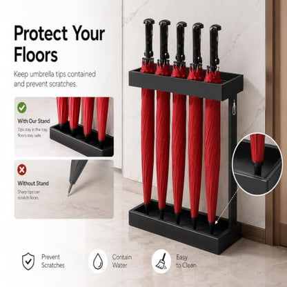 Metal Umbrella Stand Holder Rack with Drip Tray - Vertical Storage Organizer, 60x42x21.5cm