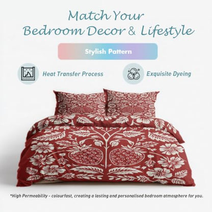 Scandinavian Folk Art Duvet Cover Queen Size 3 Piece Set - Red & White