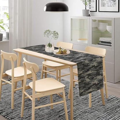 Grey Black Camouflage Table Runner 13x72in Linen Decor for Indoor Outdoor Dining
